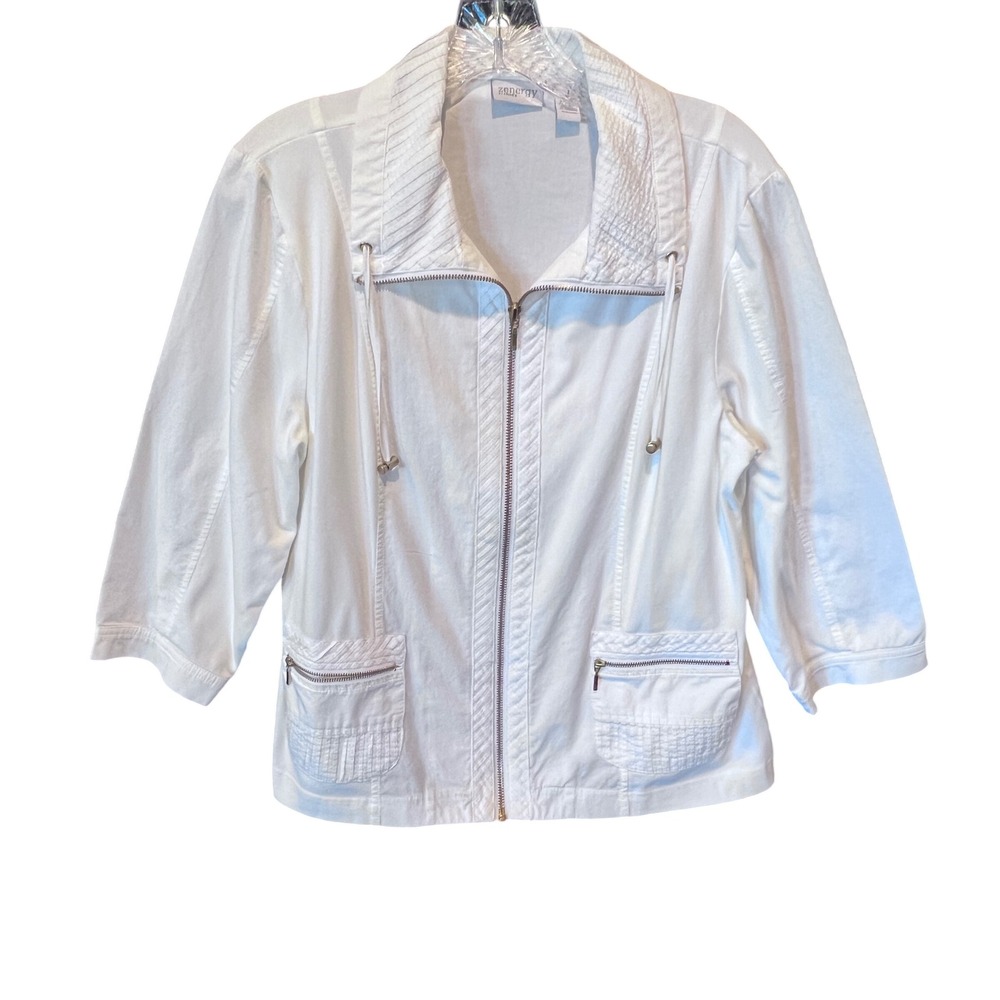 Zenergy by Chico's White Zip Up Jacket Textured Pintuck 3/4 Sleeve Size Medium